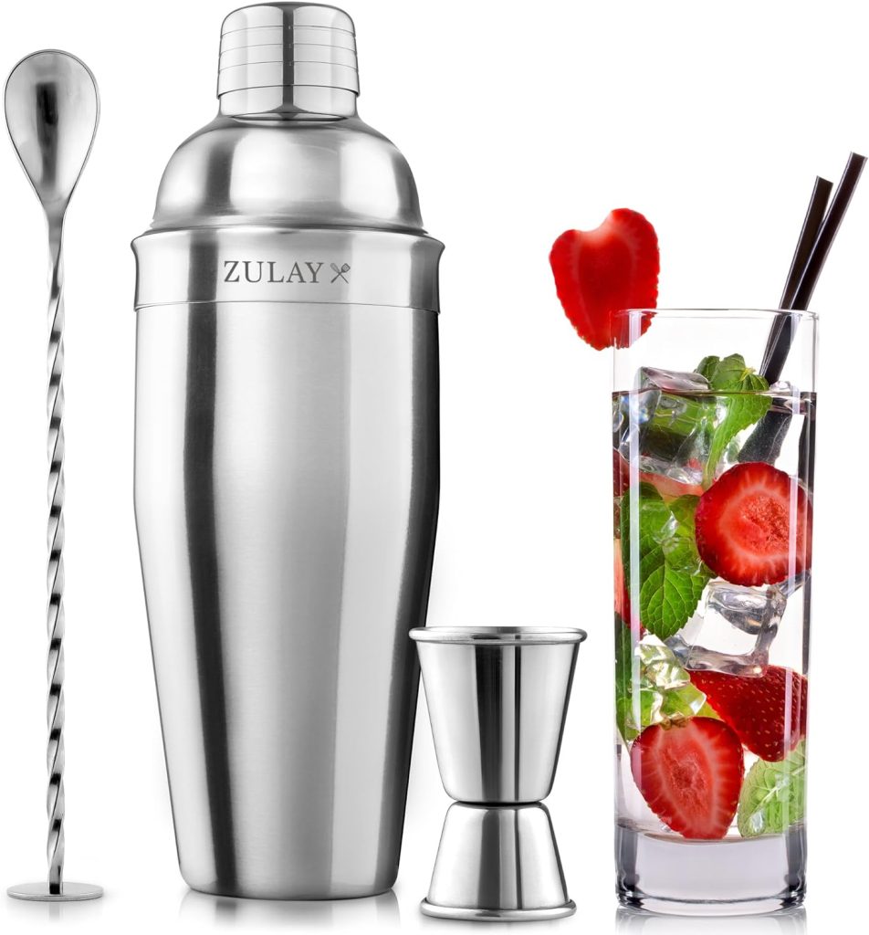 Zulay Kitchen Large 24 oz Stainless Steel Cocktail Shaker Set - Mixed Drink Shaker - Martini Shaker Set with Built in Strainer, Double Sided Jigger  Combo Muddler Mixing Spoon - Pro Margarita Shaker