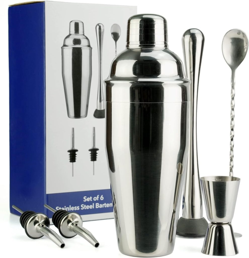 Barware Set - 6pc - Stainless Steel - Professional Bar Tools for Drink Mixing, Home, Bar, Party, Silver, 24oz (851111)