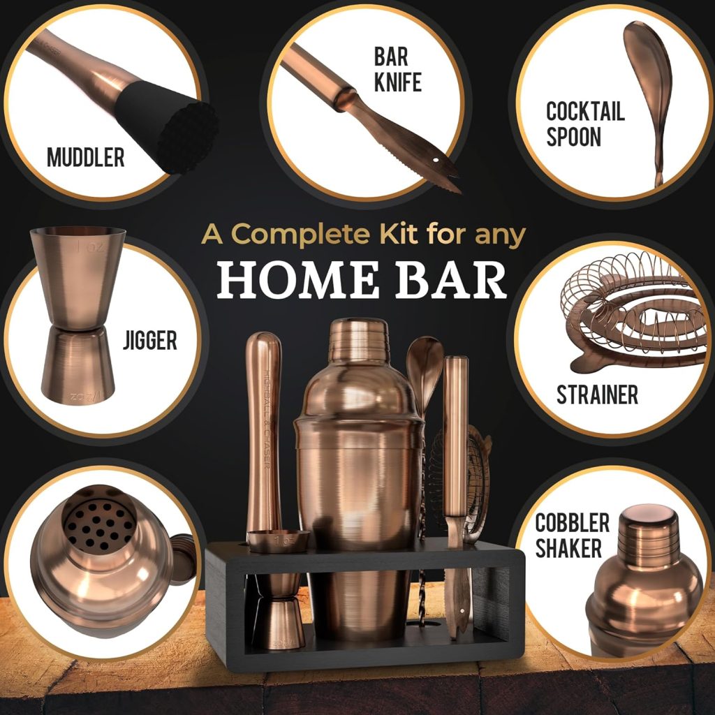 Highball  Chaser Cocktail Shaker Set: Bartender Kit for Home Bar Mixology Cocktail Bar Set Plus E-Book with 30 Recipes (Antique Gold)