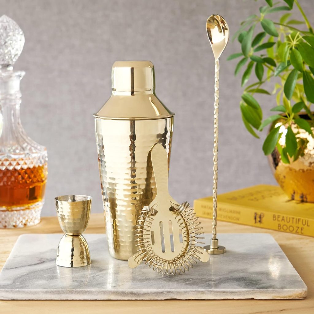 Twine 4-Piece Barware Set, Strainer, Citrus Knife, Tongs, Double Jigger with Marble Stand, Bar Tool Set, Bar Accessories for the Home Bar Set, Gold