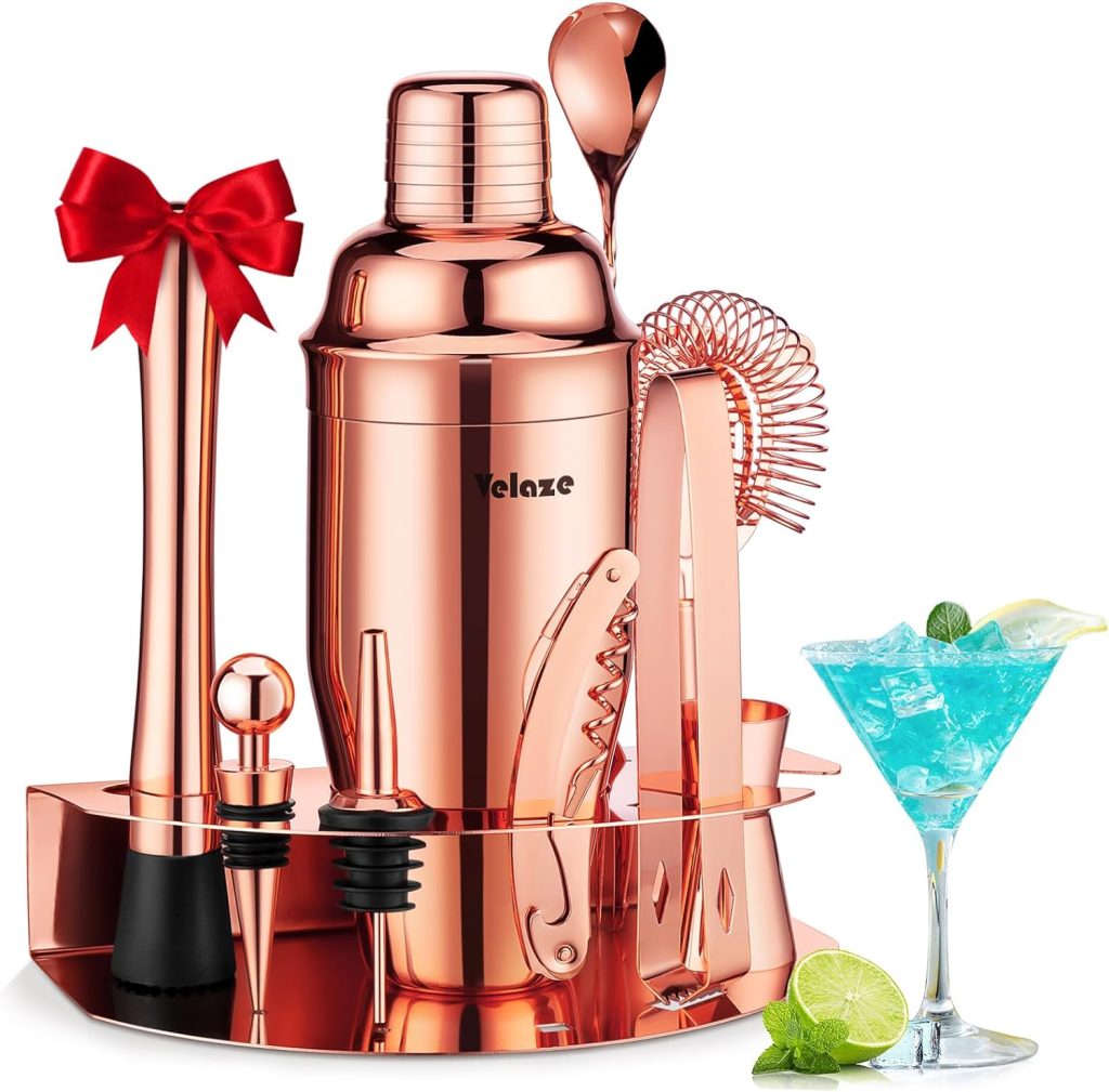 Velaze Cocktail Shaker Set, 10 Pieces Stainless Steel Bar Tools - Bottle Opener, Pour Spouts, Measuring Jigger and Wine Stopper, Champagne Martini Shaker Sets (Rose Gold)