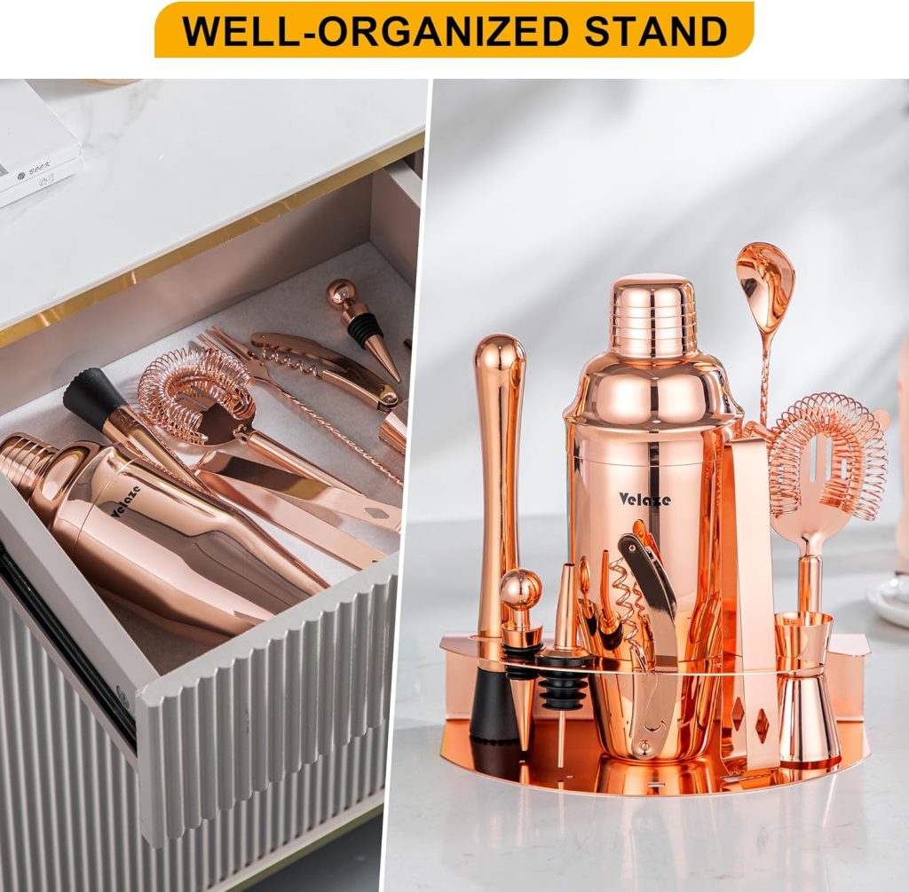 Velaze Cocktail Shaker Set, 10 Pieces Stainless Steel Bar Tools - Bottle Opener, Pour Spouts, Measuring Jigger and Wine Stopper, Champagne Martini Shaker Sets (Rose Gold)