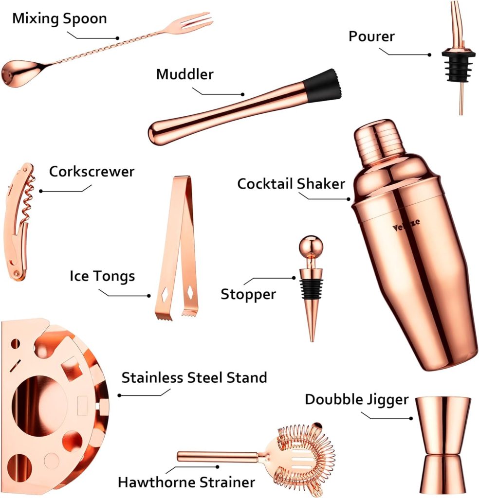 Velaze Cocktail Shaker Set, 10 Pieces Stainless Steel Bar Tools - Bottle Opener, Pour Spouts, Measuring Jigger and Wine Stopper, Champagne Martini Shaker Sets (Rose Gold)