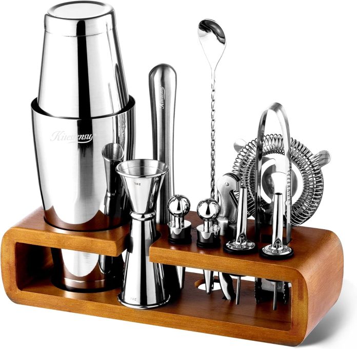 kitessensu mixology bar kit with stand complete 11 piece cocktail shaker set bar set for inspired drink mixing experienc