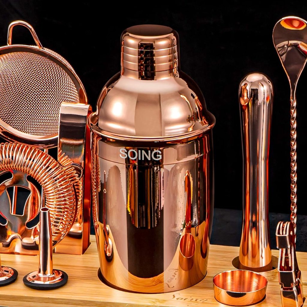 SOING 11-Piece Mixology Bartender Kit with Stand,Bar Kit Cocktail Shaker Set with All Essential Accessories:Martini Shaker,Spoon,Muddler,Strainer,Jigger,Tongs,Liquor Pourers