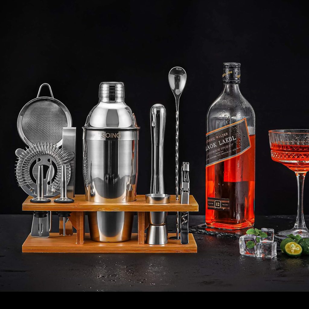 SOING 11-Piece Mixology Bartender Kit with Stand,Bar Kit Cocktail Shaker Set with All Essential Accessories:Martini Shaker,Spoon,Muddler,Strainer,Jigger,Tongs,Liquor Pourers