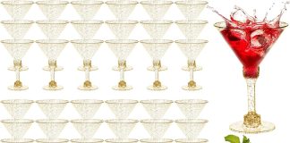 wuweot 60 pack plastic martini glasses 5 oz gold glitter disposable cocktail glasses tall appetizer dessert cups unbreak