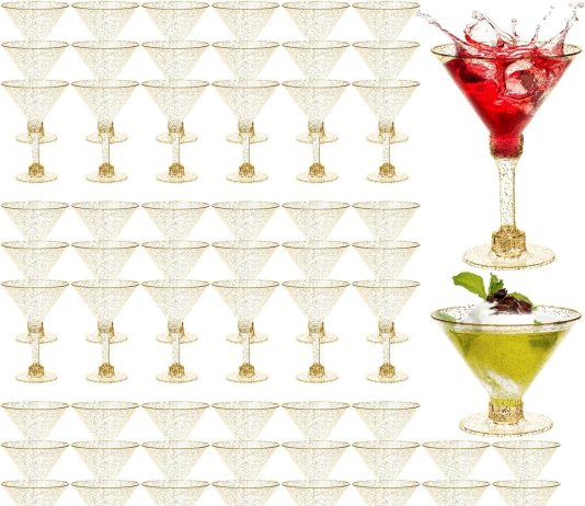wuweot 60 pack plastic martini glasses 5 oz gold glitter disposable cocktail glasses tall appetizer dessert cups unbreak