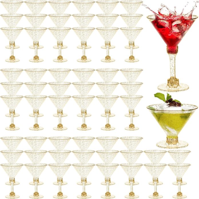 wuweot 60 pack plastic martini glasses 5 oz gold glitter disposable cocktail glasses tall appetizer dessert cups unbreak