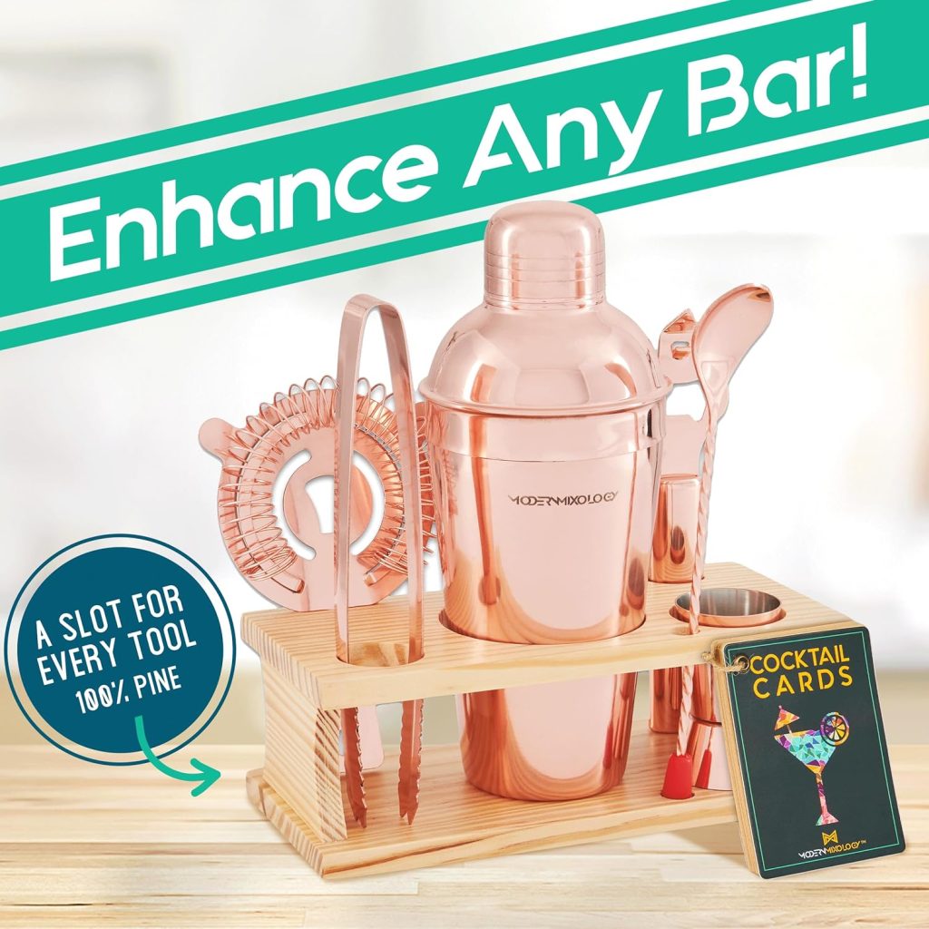 Mixology Bartender Kit - 8-Piece Copper Cocktail Shaker Set with Pine Wood Stand, Recipe Cards, and Bar Accessories Ideas