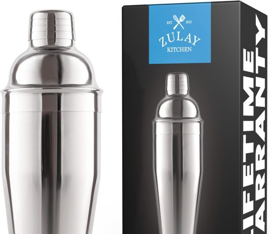 zulay cocktail shaker 24oz 188 stainless steel martini shaker with built in strainer professional grade drink shaker and