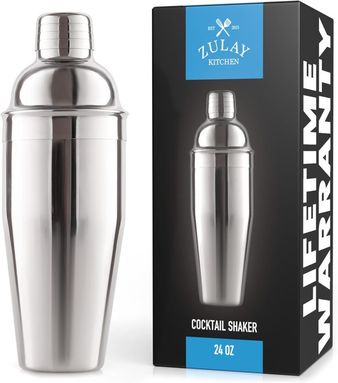 zulay cocktail shaker 24oz 188 stainless steel martini shaker with built in strainer professional grade drink shaker and