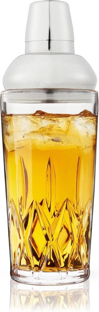 Viski Admiral Cocktail Shaker - Cut Crystal Tumbler with Stainless Steel Cap and Strainer - Dishwasher Safe 25oz Set of 1