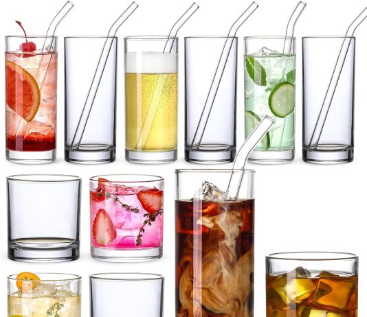 12 pack glass cups with glass straws 12oz highball rock drinking glasses everyday drinkware glasses set cute tumbler cup