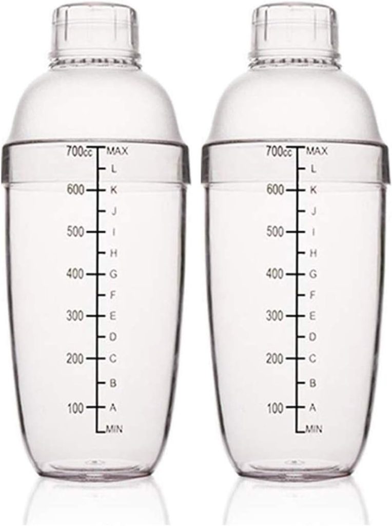 FEOOWV 2 Pcs Plastic Cocktail Shaker,Drink Mixer Hand Shaker Cup with Scales,Bar Tool Transparent (24 oz / 700cc)