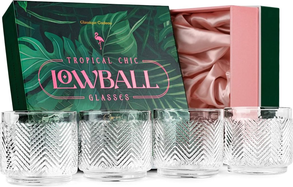 Vintage Flamingo Lowball Cocktail Glasses for Drinking Gin, Rum, Vodka, Whiskey Bar Drinks | Set of 4 | 11 oz Stackable Thick Crystal Short Tumblers | Tropical Glassware Collection