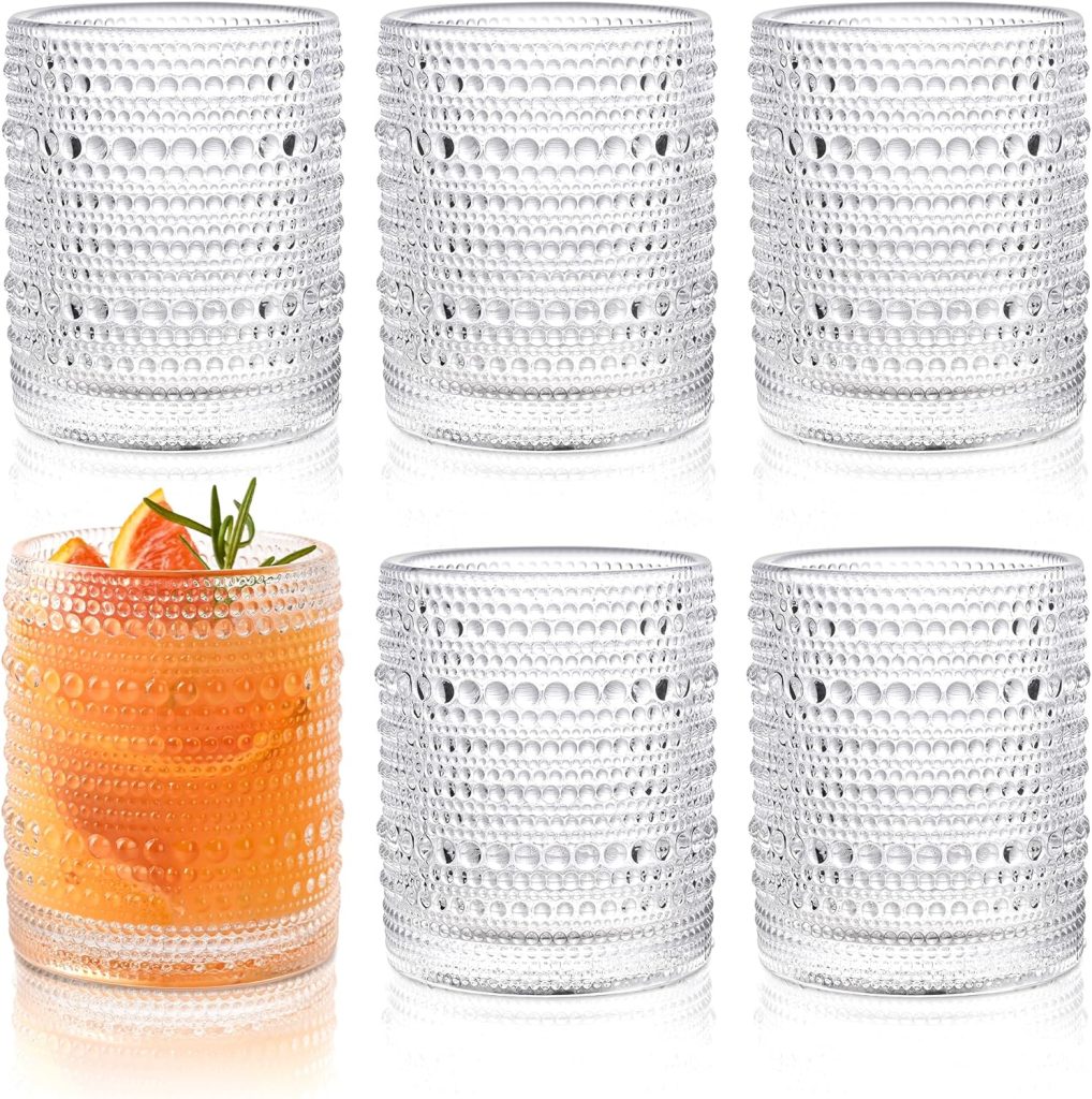 Hobnail Drinking Glasses Set of 6,12oz Vintage Glassware Embossed Vintage Water Cups Cocktail Glasses Juice Glasses