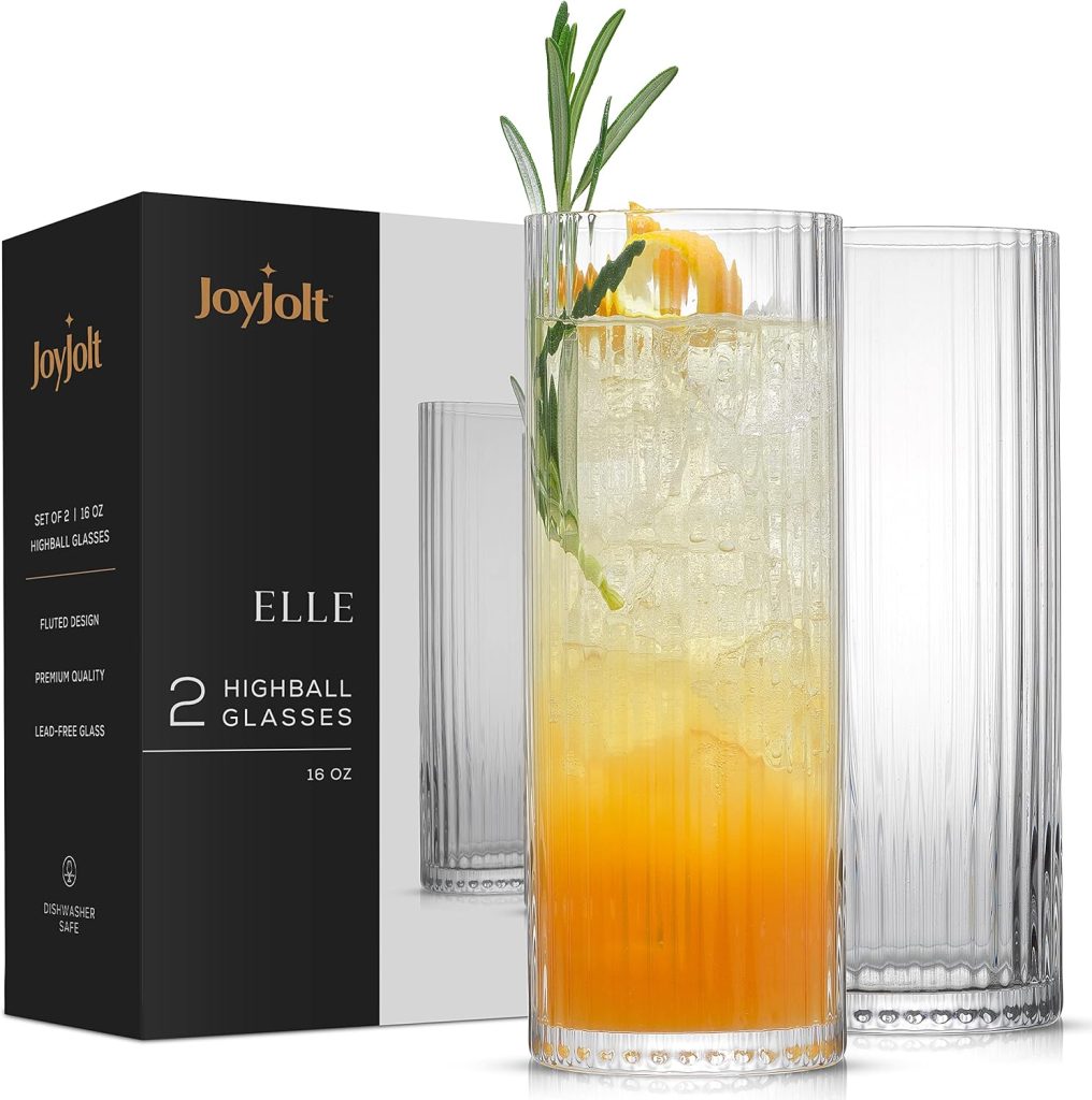 JoyJolt 16oz Fluted Highball Glasses - 2 Ribbed Tall Cocktail Tumblers for Gin, Juice, Water