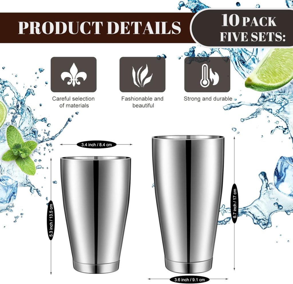 10 Pcs Cocktail Shaker Tin Set, Professional Bar Shaker Boston Cocktail Shakers, Weighted Shake Can, Stainless Steel Martini Shaker Drink Mixer Basic Tools for Bartending and Home Bar - 18oz  28oz