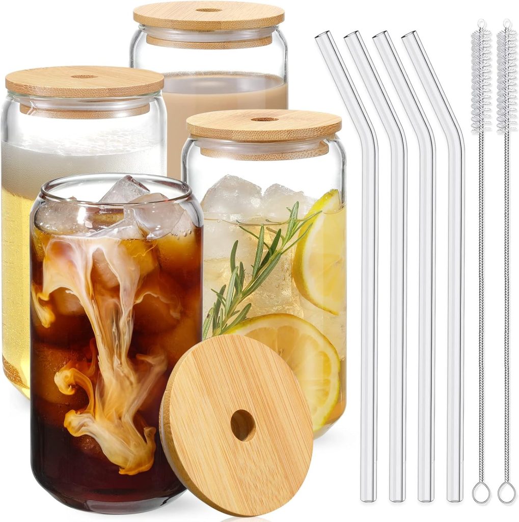 [ 8pcs Set ] Drinking Glasses with Bamboo Lids and Glass Straw - 16oz Can Shaped Glass Cups, Beer Glasses, Iced Coffee Glasses, Cute Tea Cup, Ideal for Cocktail, Whiskey, Gift - 2 Cleaning Brushes