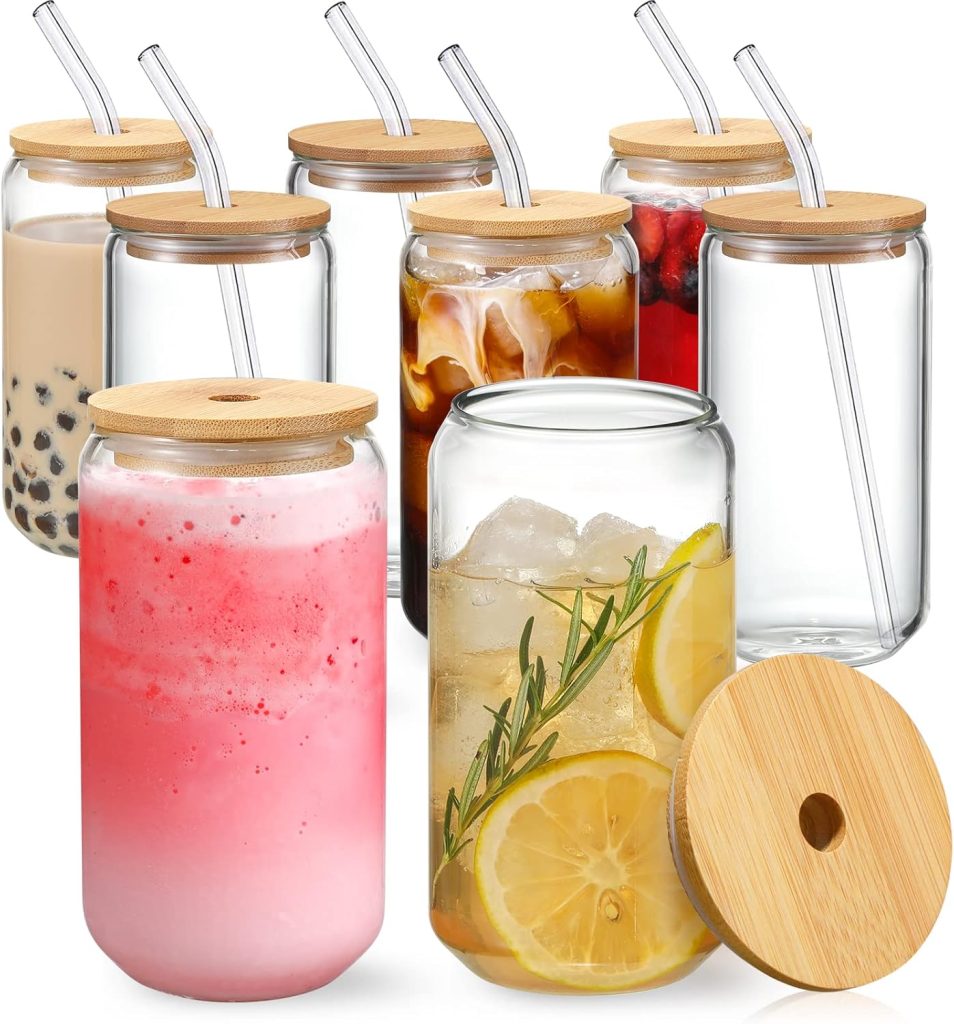 [ 8pcs Set ] Drinking Glasses with Bamboo Lids and Glass Straw - 16oz Can Shaped Glass Cups, Beer Glasses, Iced Coffee Glasses, Cute Tea Cup, Ideal for Cocktail, Whiskey, Gift - 2 Cleaning Brushes