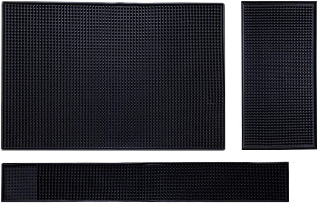 Bar Mat Set of 3 Rubber Bar Service Spill Mat for Cocktail Bartender Coffee Bar or Countertop Mats Glass Drying Mat (Black, 18 x 12+23 x 3+12 x 6)