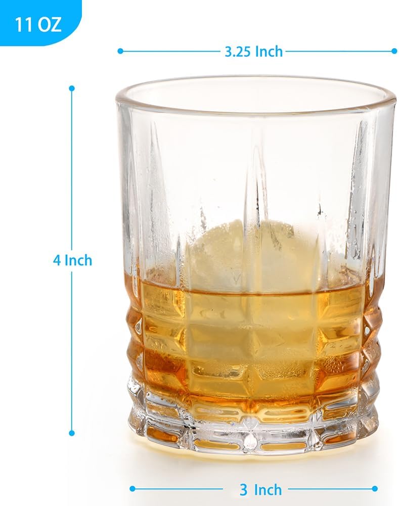 Old Fashioned Whiskey Glasses Set of 4, 11oz Bourbon Glass Set Rock Glass for Cocktail Drinks Scotch, Lowball Drinking Bar Glassware Short Tumbler Drinkware