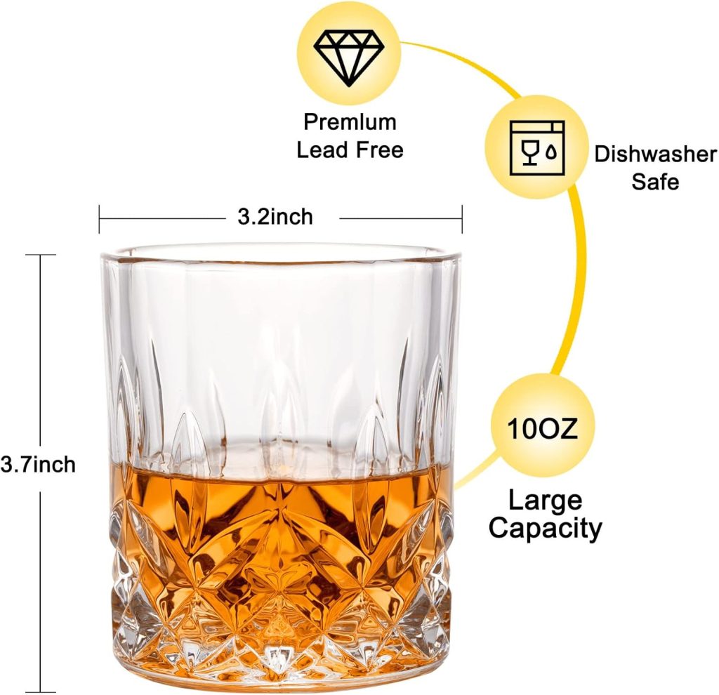 Whiskey Rocks Glass, Set of 4 (2 Crystal Bourbon Glasses, 2 Round Big Ice Ball Molds) In Gift Box - 10 Oz Old Fashioned Glasses for Scotch Cocktail Rum Cognac Vodka Liquor, Unique Gifts for Men