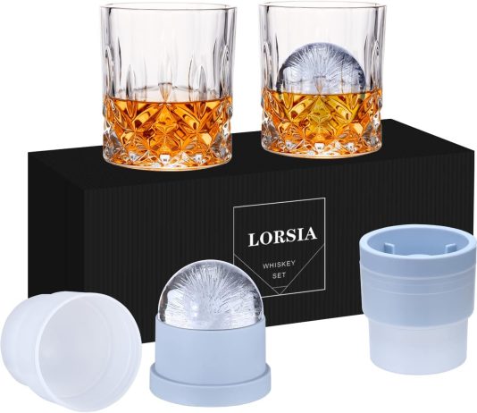 whiskey rocks glass set of 4 2 crystal bourbon glasses 2 round big ice ball molds in gift box 10 oz old fashioned glasse