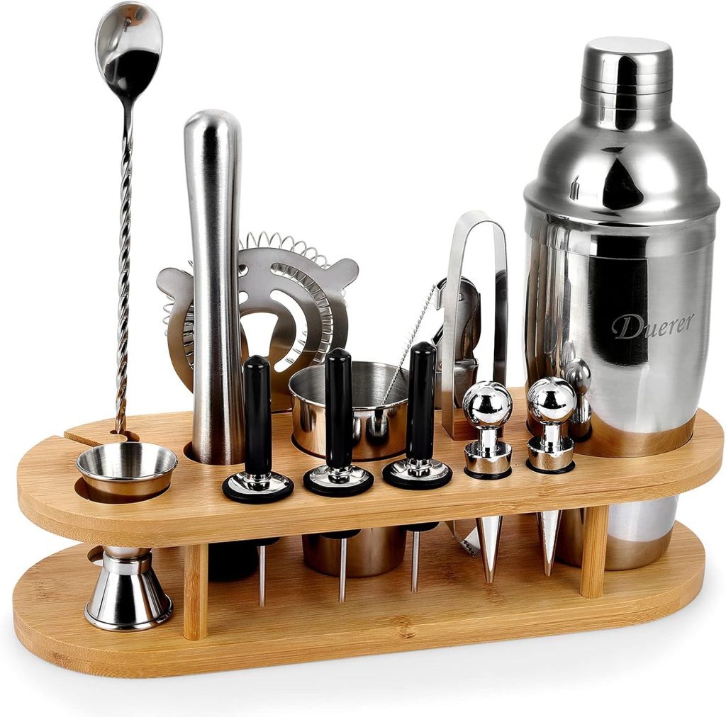 Duerer Bartender Kit with Stand, 23-Piece Cocktail Kit with Stylish Bamboo Stand, Perfect Home Bar Tool Set and Professional Martini Bartender Set, Perfect Drink Mixing Bar Set Tools