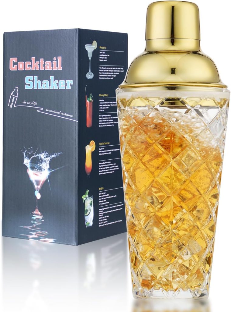 Gold Cocktail Shaker Set - Premium Glass Bartender Kit with Measuring Jigger, Mixing Spoon, and Muddler