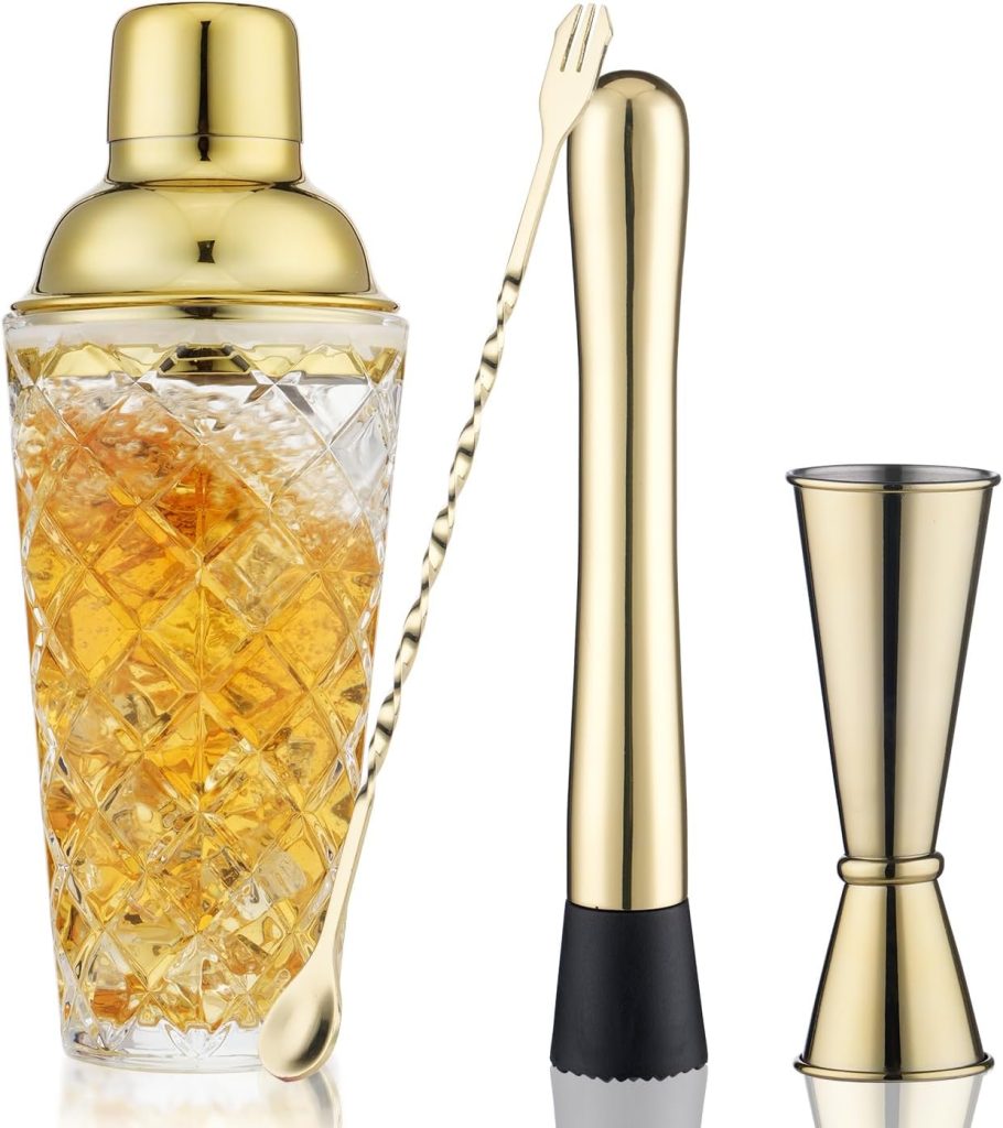 Gold Cocktail Shaker Set - Premium Glass Bartender Kit with Measuring Jigger, Mixing Spoon, and Muddler