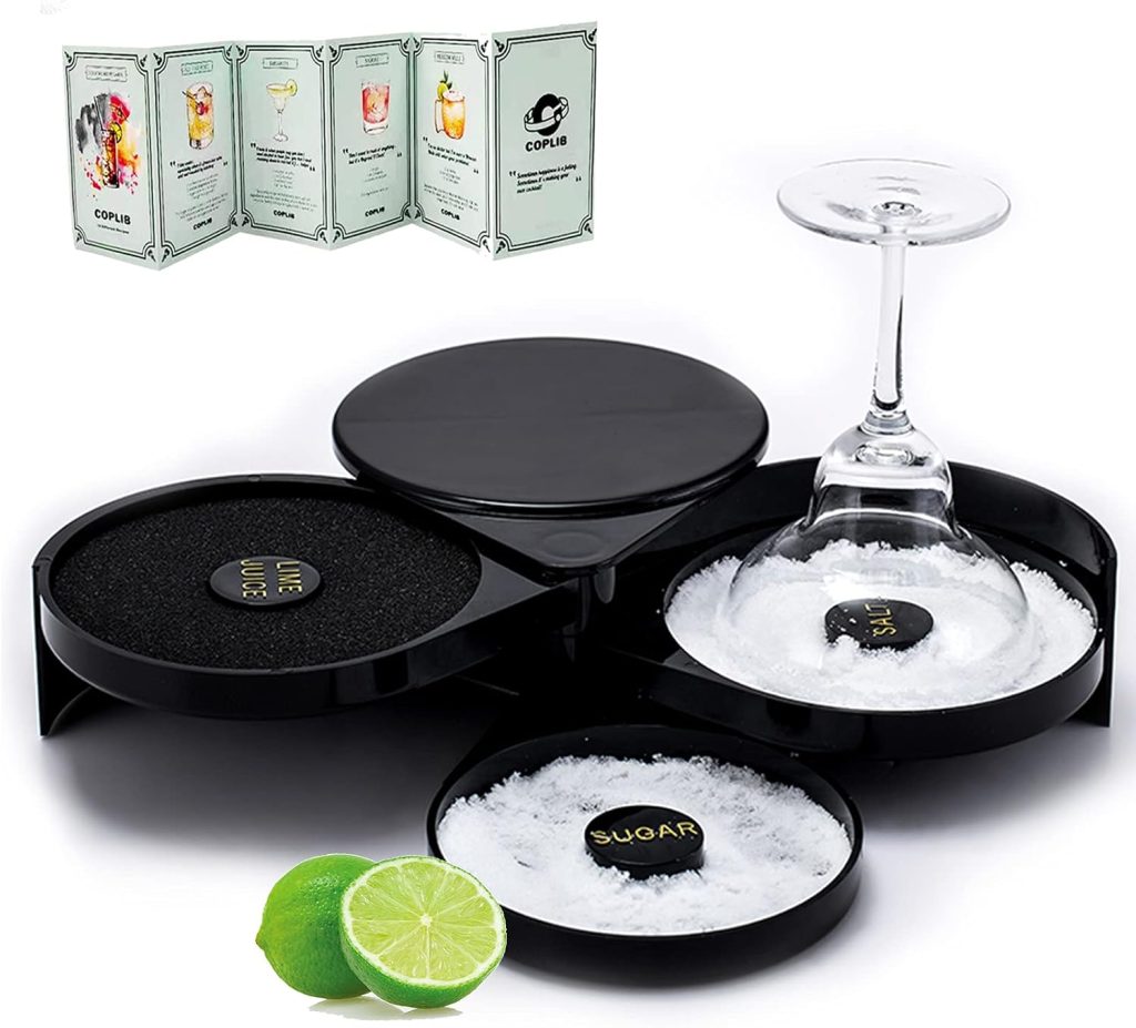 3-Tier Bar Glass Rimmer, Margarita Salter Bar Accessories with Cocktail Recipe Card for Bloody Mary and Gimlets, Black