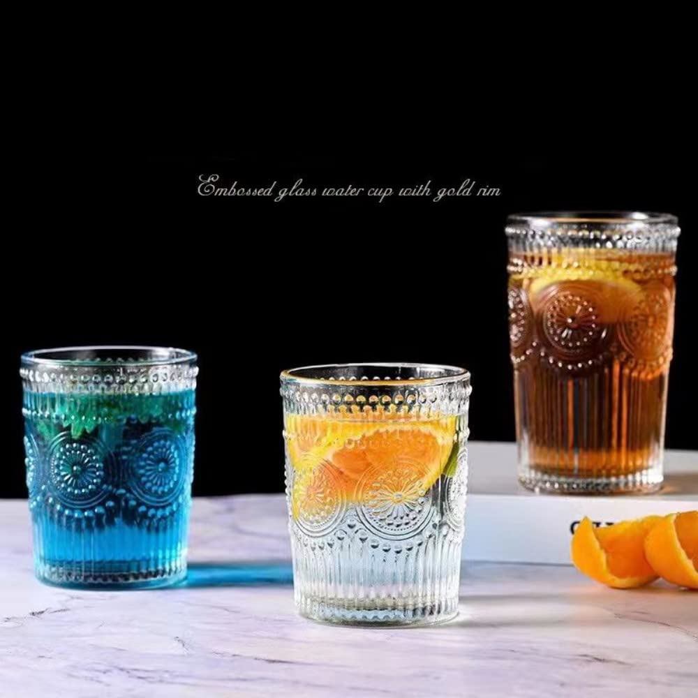 Amzcku Vintage Drinking Glass Set of 4, 10 oz - For Cocktails, Mixed Drinks, Whiskey, Beverage, Water, Milk and Juice…