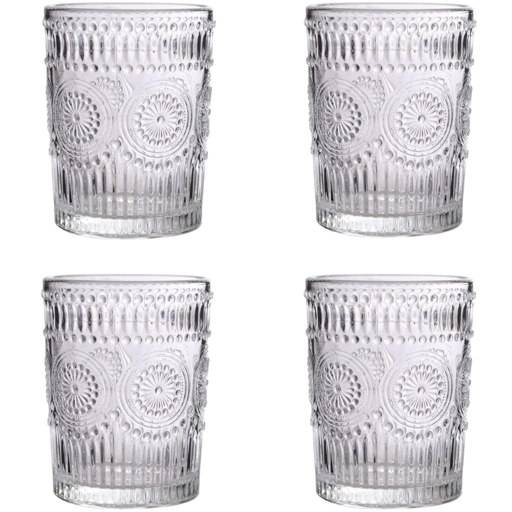 Amzcku Vintage Drinking Glass Set of 4, 10 oz - For Cocktails, Mixed Drinks, Whiskey, Beverage, Water, Milk and Juice…