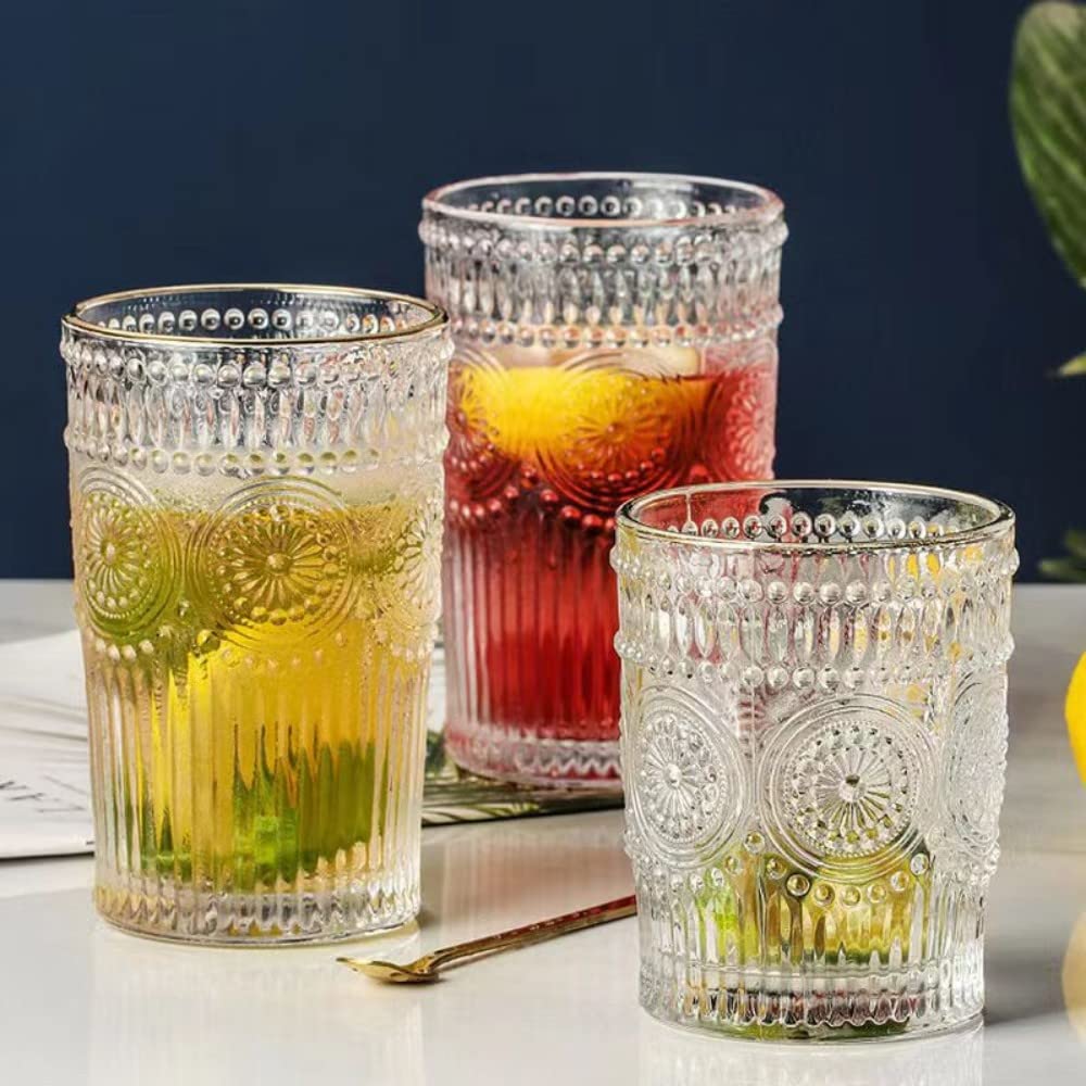 Amzcku Vintage Drinking Glass Set of 4, 10 oz - For Cocktails, Mixed Drinks, Whiskey, Beverage, Water, Milk and Juice…