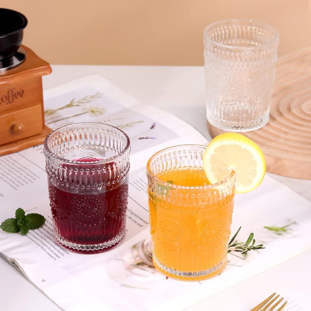 Amzcku Vintage Drinking Glass Set of 4, 10 oz - For Cocktails, Mixed Drinks, Whiskey, Beverage, Water, Milk and Juice…