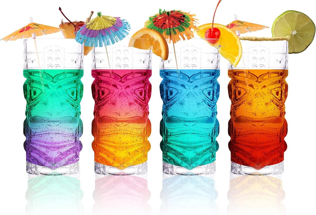 Clear Tiki Glasses, Set of 4 - 450 ML - Perfect for Exotic Cocktails, Lemonade, Ice Tea, Mixed Drinks- Exotic Zombie, Rum, Mai Tai, Pina Colada, Punch, Hurricane, Bar Drinkware