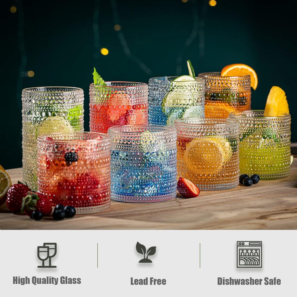 Drinking Glasses, 8 pcs Embossed Designed Glass Cups-4 Highball Glasses 15oz  4 Rocks Glasses 13oz, Mojito Cups, Mixed Drink Cocktail Glass, Bar Glassware for Cocktail, Beer, Whiskey
