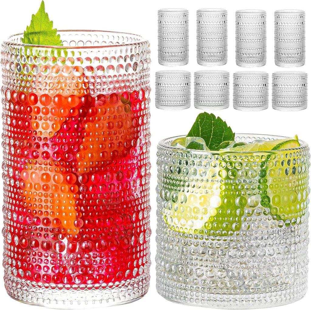 Drinking Glasses, 8 pcs Embossed Designed Glass Cups-4 Highball Glasses 15oz  4 Rocks Glasses 13oz, Mojito Cups, Mixed Drink Cocktail Glass, Bar Glassware for Cocktail, Beer, Whiskey