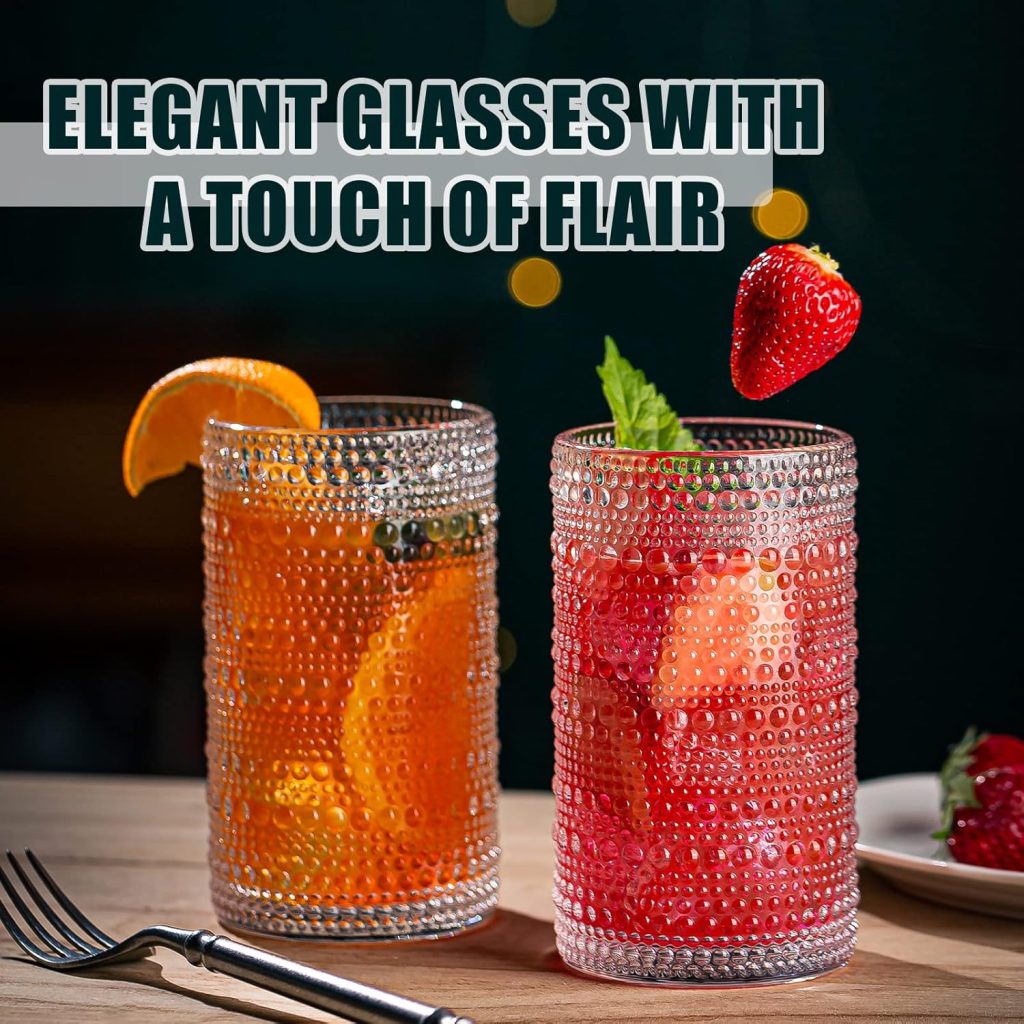 Drinking Glasses, 8 pcs Embossed Designed Glass Cups-4 Highball Glasses 15oz  4 Rocks Glasses 13oz, Mojito Cups, Mixed Drink Cocktail Glass, Bar Glassware for Cocktail, Beer, Whiskey