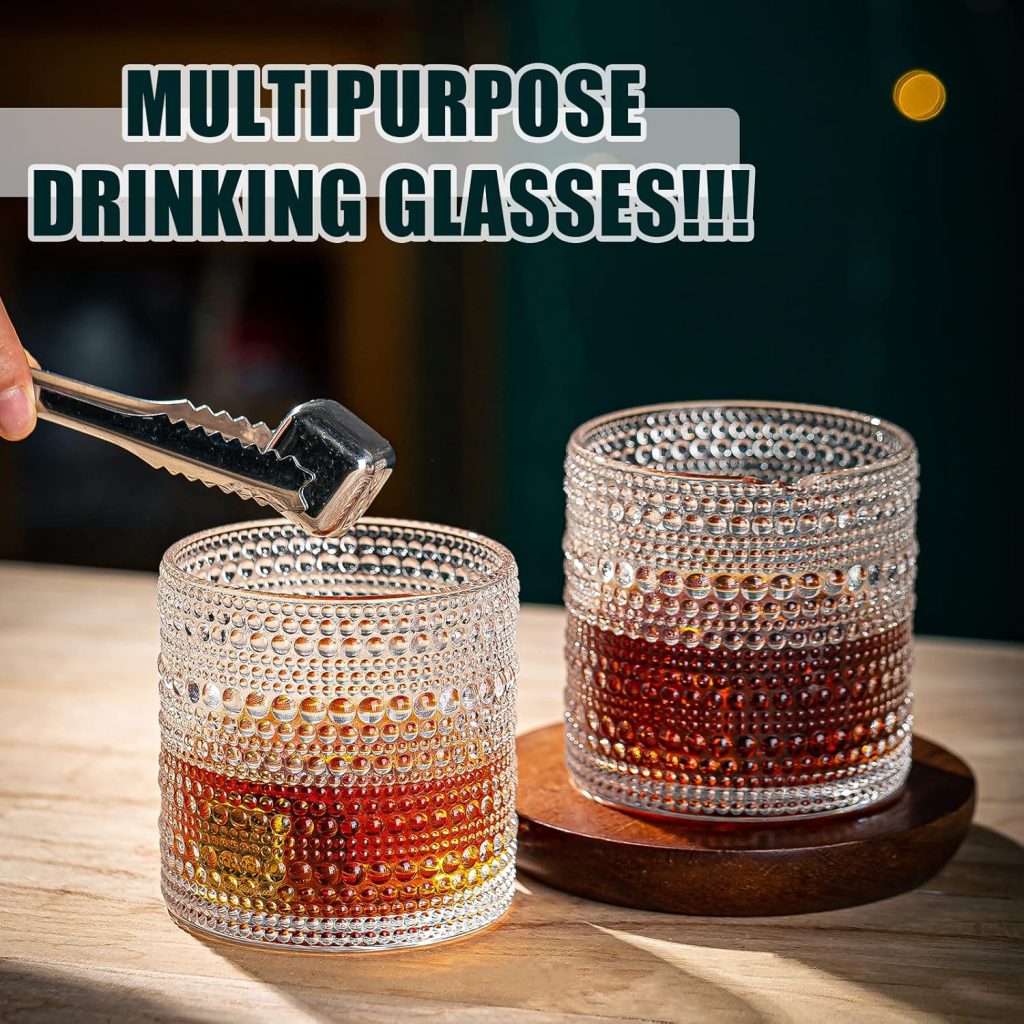 Drinking Glasses, 8 pcs Embossed Designed Glass Cups-4 Highball Glasses 15oz  4 Rocks Glasses 13oz, Mojito Cups, Mixed Drink Cocktail Glass, Bar Glassware for Cocktail, Beer, Whiskey
