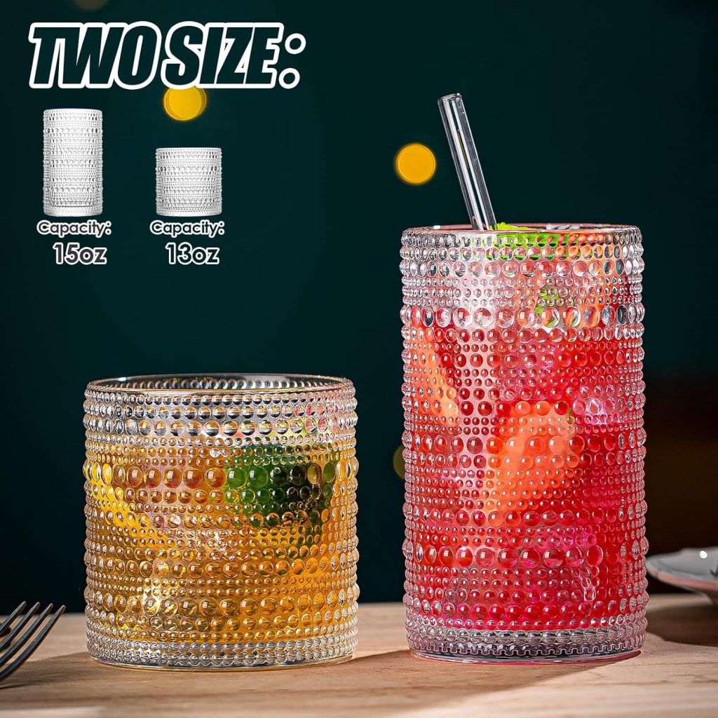 Drinking Glasses, 8 pcs Embossed Designed Glass Cups-4 Highball Glasses 15oz  4 Rocks Glasses 13oz, Mojito Cups, Mixed Drink Cocktail Glass, Bar Glassware for Cocktail, Beer, Whiskey