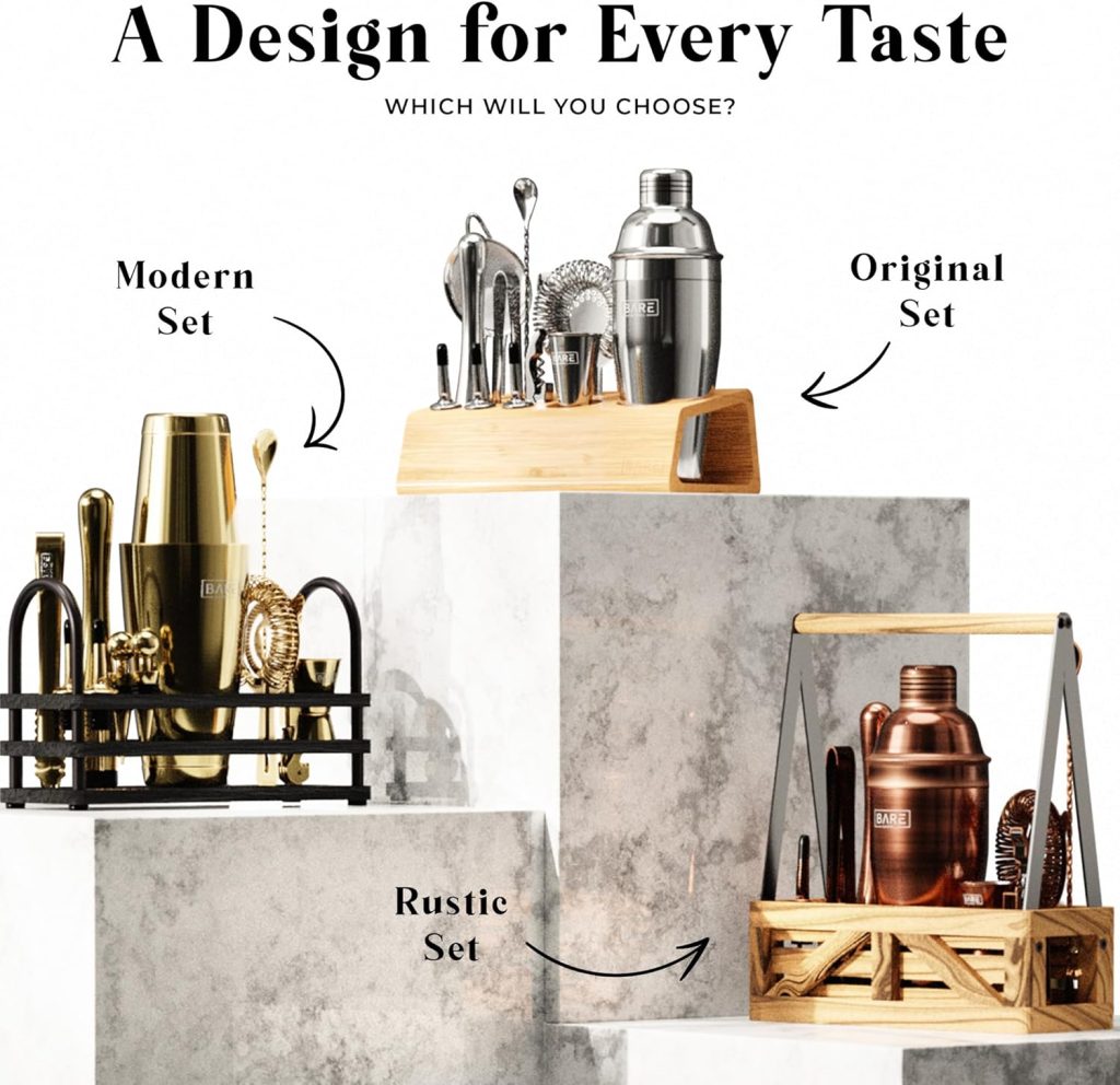 BARE BARREL® Mixology Bartender Kit Bar Set | 14-Piece Cocktail Shaker Set | Martini Barware Mixing Tools for Home Bartending | Incl. 35 Recipe Cards | Gift Set (24oz Cobbler Shaker, Silver/Black)