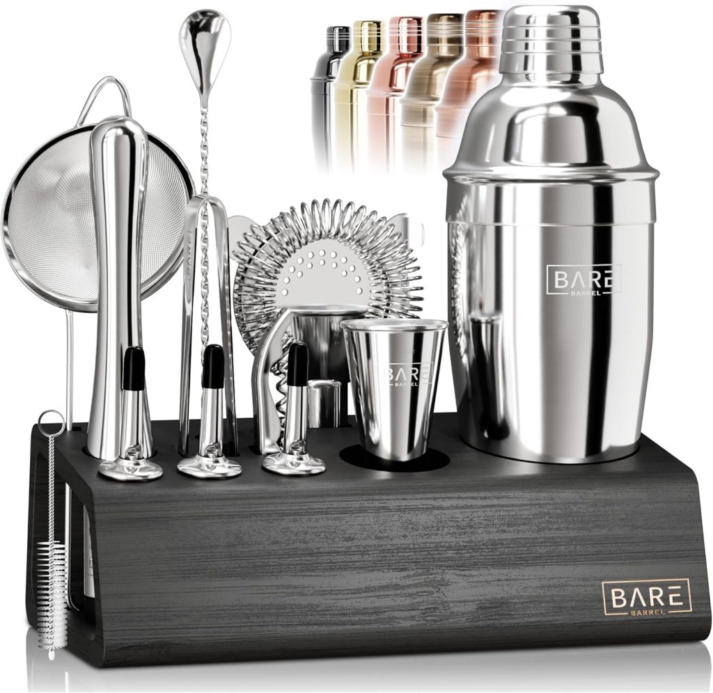 BARE BARREL® Mixology Bartender Kit Bar Set | 14-Piece Cocktail Shaker Set | Martini Barware Mixing Tools for Home Bartending | Incl. 35 Recipe Cards | Gift Set (24oz Cobbler Shaker, Silver/Black)