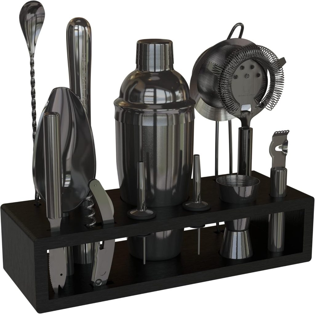 Highball  Chaser 13-Piece Cobbler Cocktail Shaker Set: Black Polished Stainless Steel Bartender Kit For Home Bar Cocktail Set | Laser Engraved Cocktail Tools | Plus E-Book with 30 Cocktail Recipes