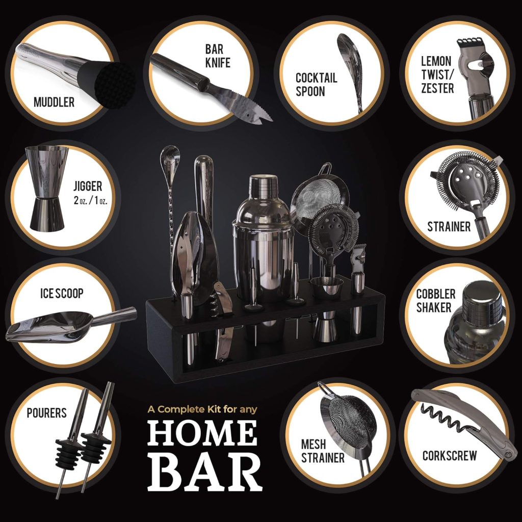 Highball  Chaser 13-Piece Cobbler Cocktail Shaker Set: Black Polished Stainless Steel Bartender Kit For Home Bar Cocktail Set | Laser Engraved Cocktail Tools | Plus E-Book with 30 Cocktail Recipes