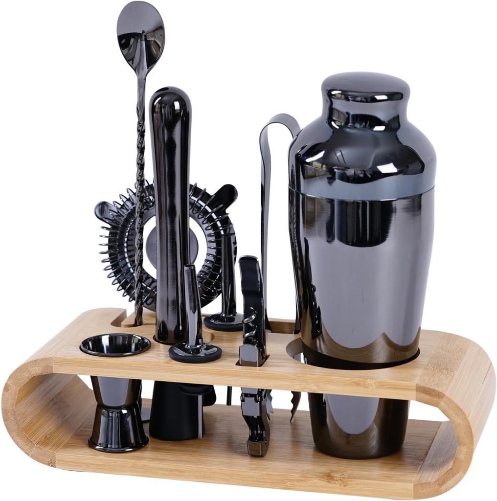 Hinouqea Cocktail Shaker Set Bartender Kit with Stand, Mixology Bartender Kit for Drink Mixing, 10-Piece Bar Tool Set with Stand, Barware Perfect for Drink Mixing at Home, Black