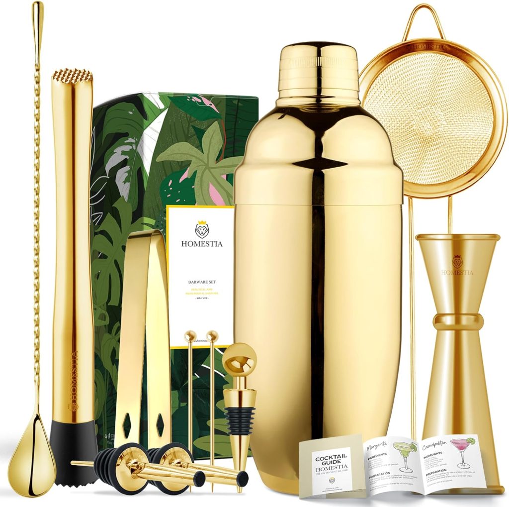 Homestia Cocktail Shaker Set Mixology Bartender Kit for Drink Mixing, Mixology Set with 11Pcs Stainless Steel Bar Set Tools Cocktail Kit, Housewarming Gift (Gold)