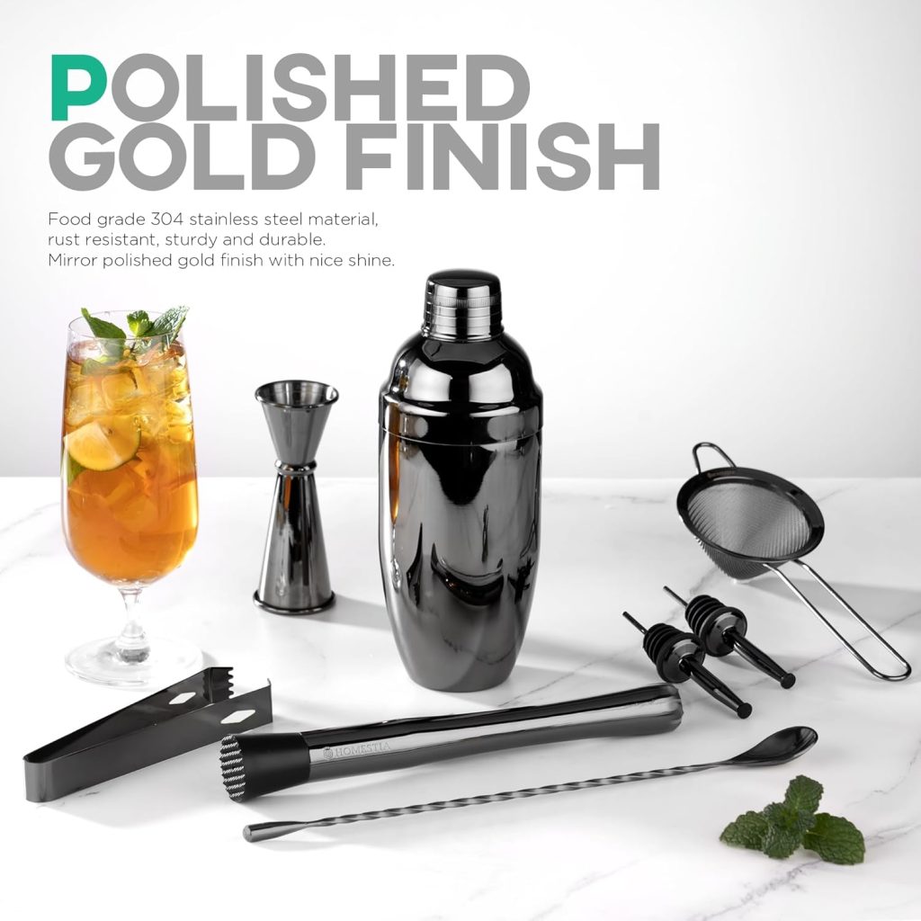 Homestia Cocktail Shaker Set Mixology Bartender Kit for Drink Mixing, Mixology Set with 11Pcs Stainless Steel Bar Set Tools Cocktail Kit, Housewarming Gift (Gold)